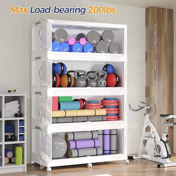 240Gal/960QT 4-Tiers Extra Large Stackable Storage Bins with Lid, Collapsible Cabinet Closet Organizer Plastic Container Box with Wheels Doors Drawers for Office Dorm Kitchen, White