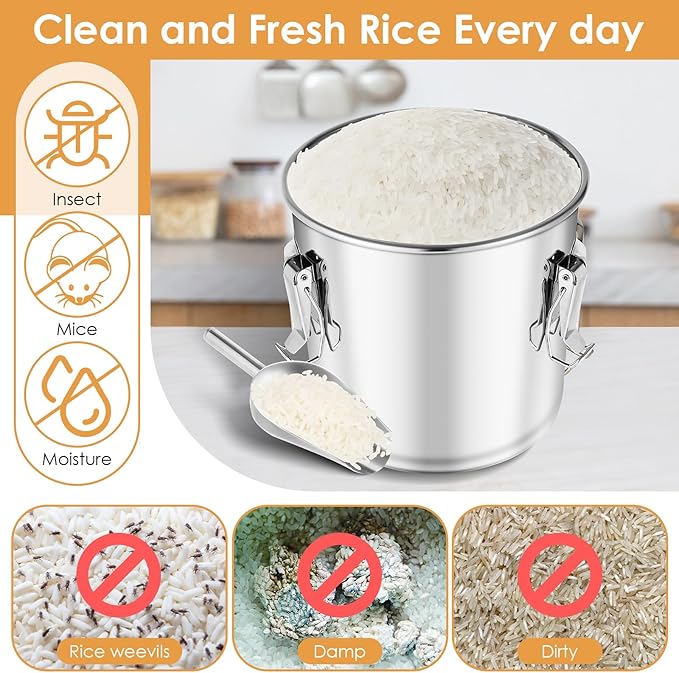 304 Stainless Steel Food Containers with Lids,12L/20LBS Airtight Food Storage Containers with Lock Clips for Flour Rice Sugar Coffee Bean,Stainless Steel Food Storage Containers for Kitchen