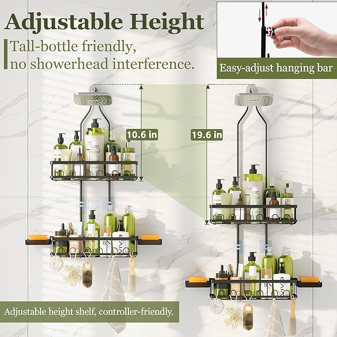 Skyapex Shower Caddy Hanging Over Shower Head, Adjustable Black Bathroom Organizer for Inside Shower, Rust-Resistant Stainless Steel Caddy with 2 Baskets, Hooks & Soap Dish for Tall Bottles