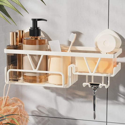 Shower Caddy Suction Cup with Soap Holder and Hooks, Cream White