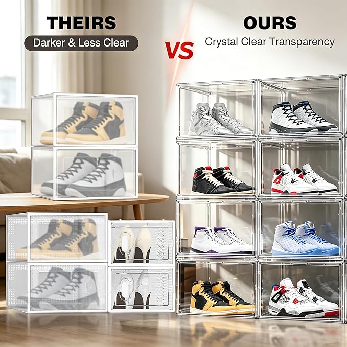 5 Pack Clear Shoe Boxes Stackable, 10.6'' High Sneaker Storage Boxes for High Top Shoes, Magnetic Side Door Shoe Organizer Clear Plastic Shoe Containers for Closet Display