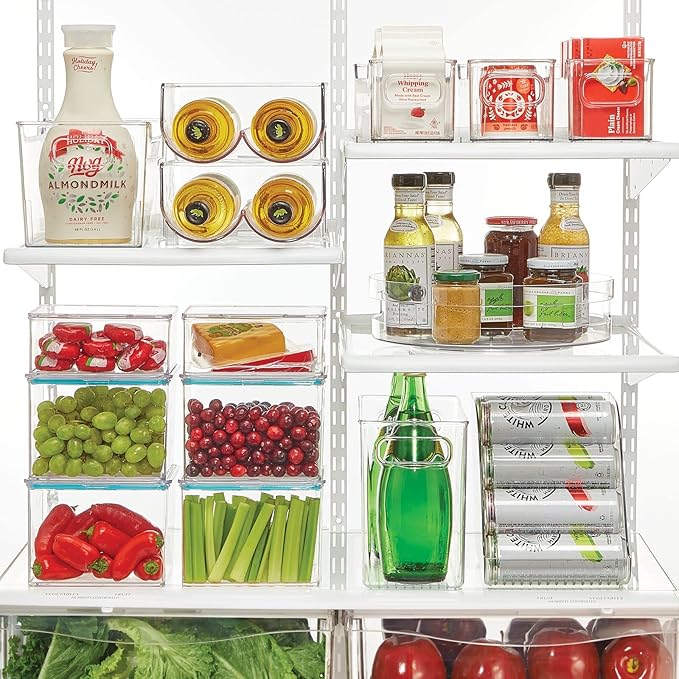 mDesign Plastic Tall Food Storage Organization Container Bin with Handles for Kitchen, Pantry, Cabinet, Fridge/Freezer, Countertop - Organizer for Snacks/Appliances, Ligne Collection, 8 Pack, Clear