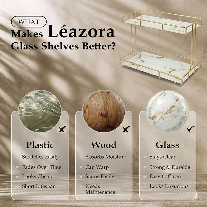 2-Tier White Marble Bathroom Countertop Organizer – Glass Shelves & Gold Metal Frame, Elegant Vanity Storage Shelf for Perfume, Skincare, Makeup & Toiletries