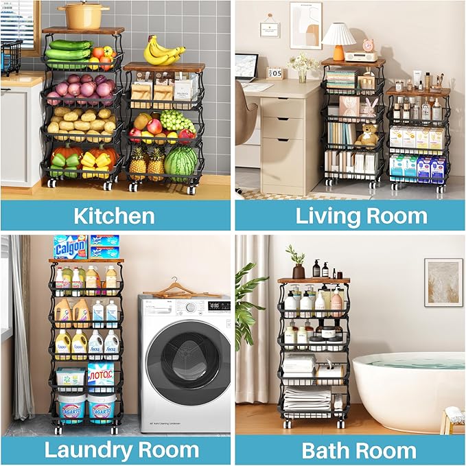 5 Tier Vegetable Fruit Basket for Kitchen, Stackable Metal Fruit and Vegetable Storage Baskets with Rolling Wheels Cart, Pantry organizers and storage for Kitchen Bathroom Livingroom Laundry room Cart