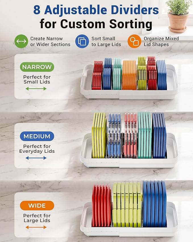 EVERIE Expandable Food Container Lid Organizer for Cabinet, Fits 12-Inch Deep or Deeper Cabinets , Adjustable 13.4" to 20.5", 8 Adjustable Dividers for lids , Drawer, Pantry and Kitchen Storage