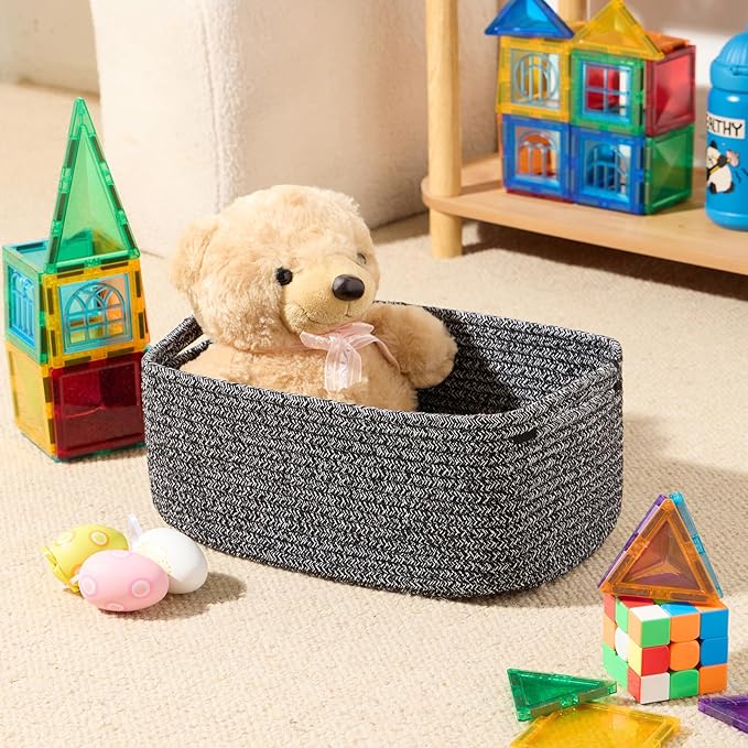 MiniArk Small Storage Baskets for Organizing | Closet Organizer Bins | Shelf Toy Basket | Woven Rope Baskets | Cube Decorative Box | Shallow Basket | 13x8.5x5.1” | 4 Packs Dark Gray