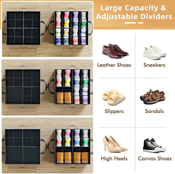 2 Pack Shoe Organizer for Closet, Large Shoe Box Storage Containers, Black