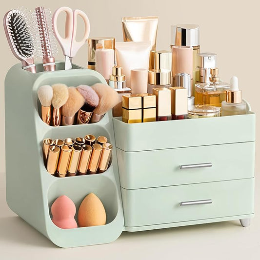 Makeup Organizer with Brush Holder for Vanity, All Green