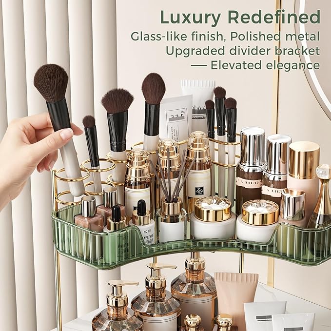 BEFSOP Corner Bathroom Counter Organizer, Upgraded 2-Tier Makeup Organizer Countertop with Makeup Brush Holder, Skincare Exquisite Vanity Organizers Countertop Bathroom Storage Dresser(Green)