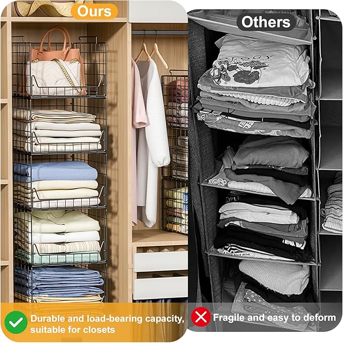 Jakyitvi 5-Tier Stackable Closet Organizer Shelf – Foldable Metal Storage Bins for Clothes, Sweaters & Towels | Stylish Black Wire Baskets for Bedroom, Wardrobe, Dorm or Entryway