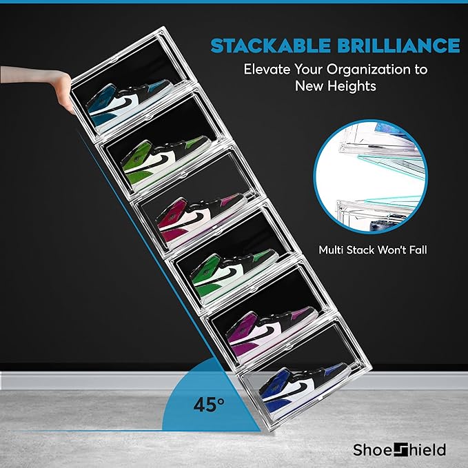 Ultra All Clear Shoe Boxes Plastic Stackable Professional Grade Shoe Display Case with Magnetic Side Drop Door Open Easy Assembly Modern Shoe Sneaker Display Case Fits US Size 14