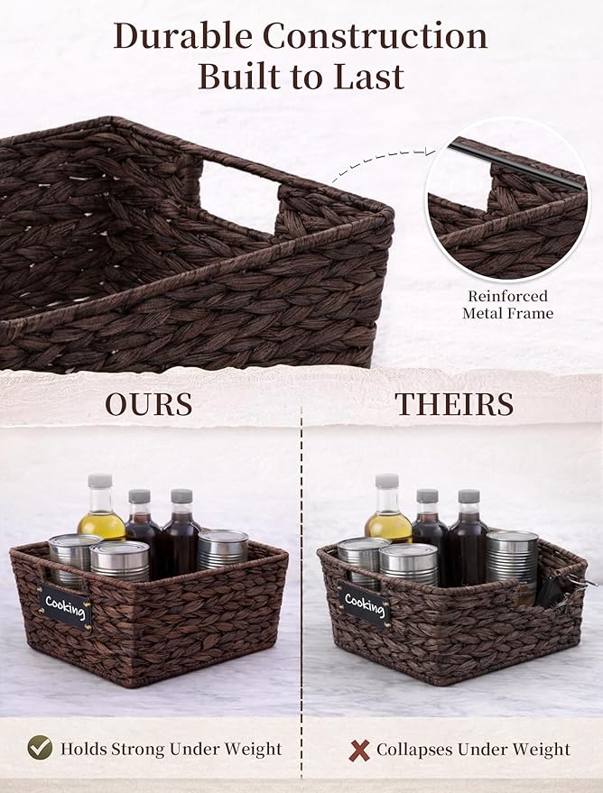 Pantry Organizers and Storage, Water Hyacinth Storage Baskets for Shelves, Brown Baskets for Organizing, Pantry Baskets with Chalkboard Labels and Marker