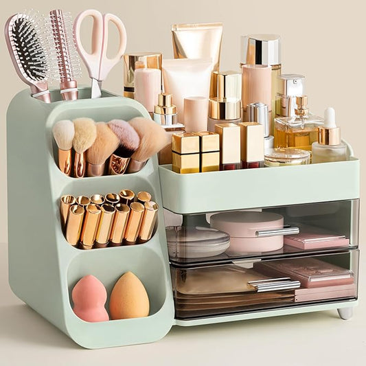 Makeup Organizer with Brush Holder for Vanity, Green