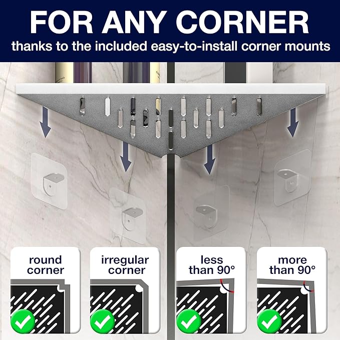 Corner Shower Shelf for Inside Shower - Adhesive/Stick/Drill/No Drill - Floating Strong 14" Silver Corner Shower Shelves for Bathroom, Tiled Wall, Caddy Organizer, Kitchen, Shower