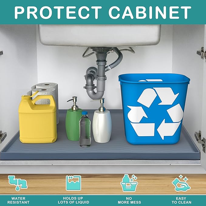 URMONA Waterproof Silicone Under Sink Mat 31'' x 22'' Shelf Liner for Kitchen and Bathroom, Cabinet and Counter Protector, Storage and Organizers, Litter Mat, Pet Cat Puppy Essentials(Navy)