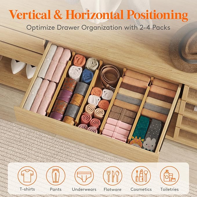 4" High 8 Pack Bamboo Drawer Dividers 43-54cm/17-21.5" Adjustable Wooden Drawer