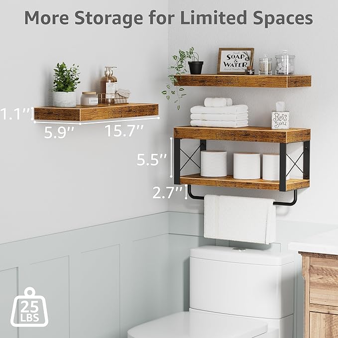 QEEIG Bathroom Shelves Over Toilet - Floating Shelf for Wall Toilet Paper Storage Farmhouse 16 inch Set of 3, Rustic Brown (029-40BN3)