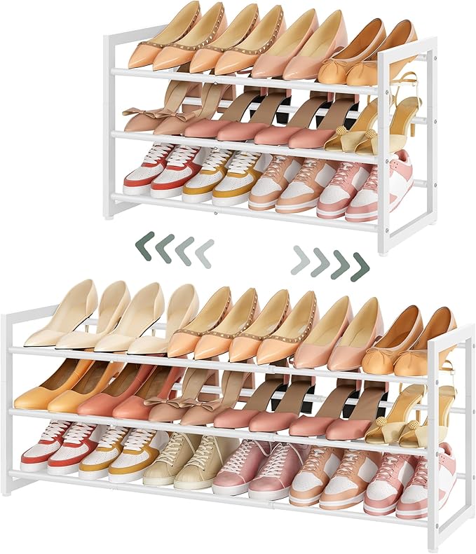 FAVOOSTY 3-Tier Expandable Shoe Rack, Adjustable Shoe Shelf Storage Organizer Space Saving Metal Free Standing Shoe Rack for Entryway Closet Doorway, White