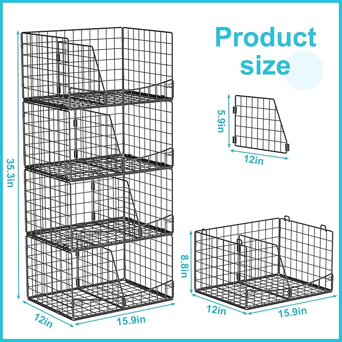 Hongtamoya 4-Tier Closet Organizers and Storage Basket with Divider, Foldable Closet Shelf Organizer System, Space-Saving Clothes Storage Drawer Organizer Bins for Wardrobe Cupboard, Black