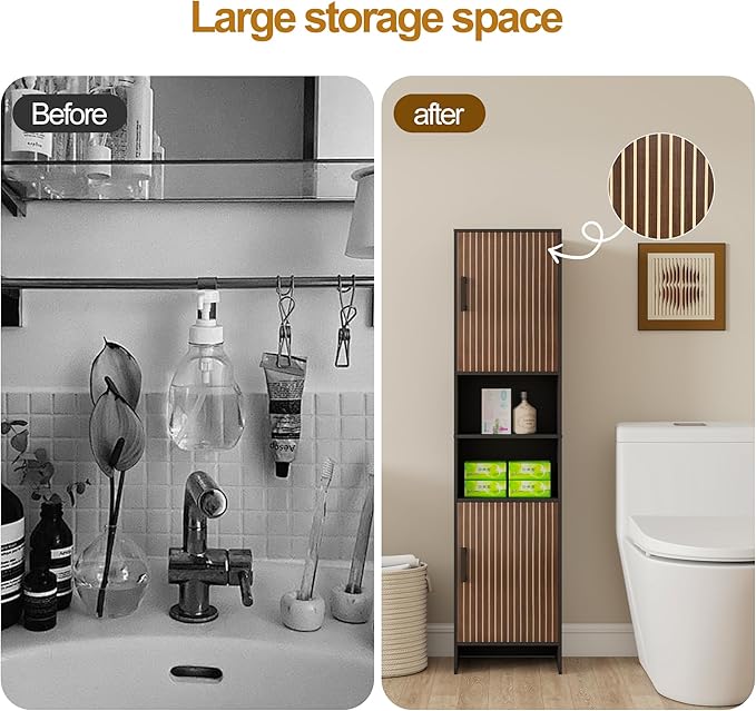 Tall Storage Cabinet, 13.15 Inch Narrow Bathroom Cabinet with USB Magnetic Light, Open Shelf, Magnetic Doors, 2 Adjustable Shelves, Anti-Tip Kit for Small Spaces, Living Room, Black, 57.1" H