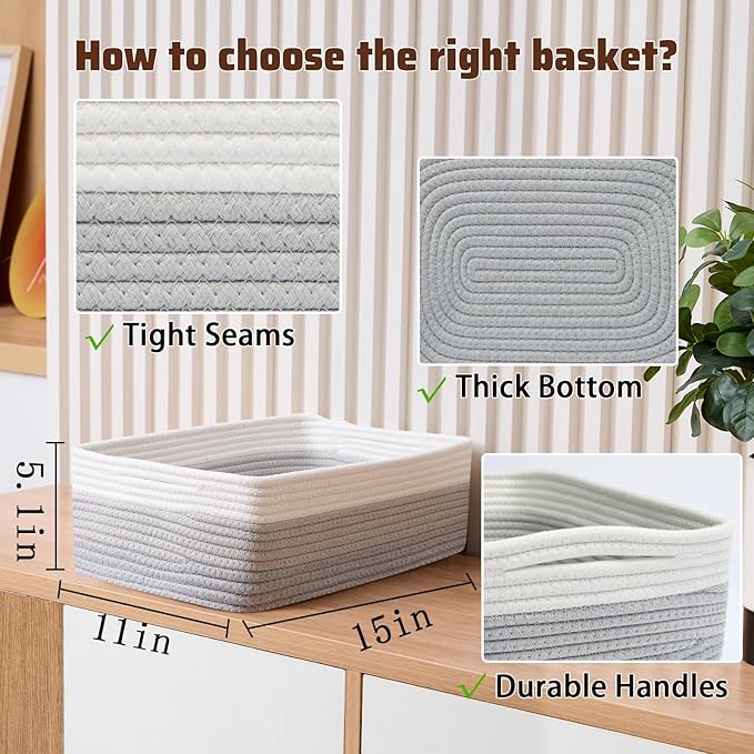 MiniArk Large Shallow Organizing Baskets 15x11x5.1 Inches - Rope Woven Storage Bins for Bathroom, Shelves, Cube Closet, Gradient Grey 4 Packs