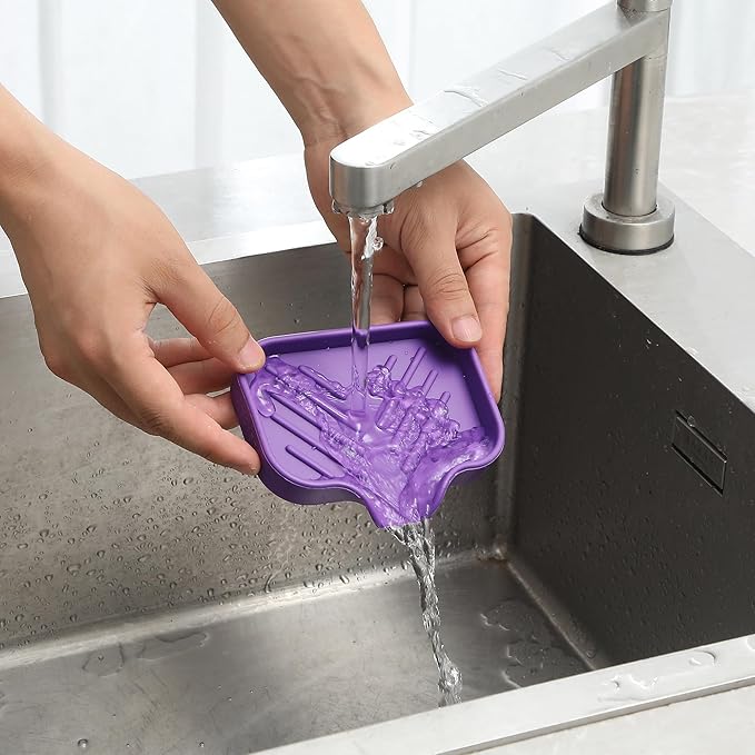 MicoYang Silicone Soap Dish with Drain Spout — Self-Draining Sink Organizer Tray for Bathroom & Kitchen, Holds Bar Soap, Sponges & Dispensers, Non-Slip & Dishwasher Safe, Purple (Small, 4.9"×3.2")