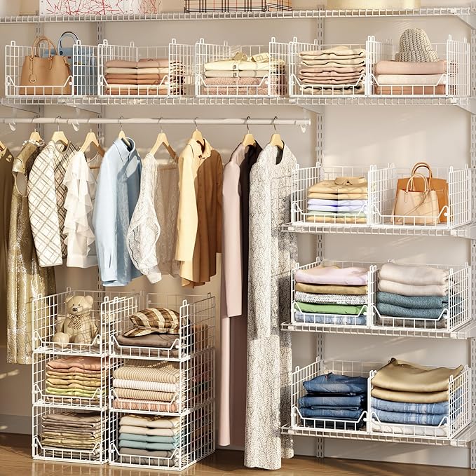 Jakyitvi 6-Tier Closet Shelf Organizer,Metal Stackable Closet Organizers and Storage,Clothes Storage Bins,Shelf Organizer Basket,Folded Shelf Organizer for Closet Wardrobe,White