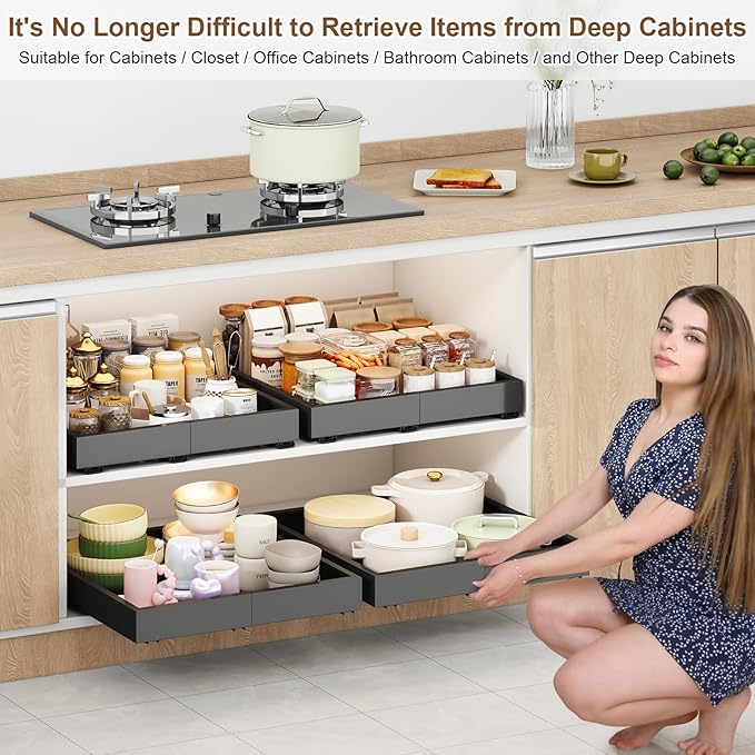 2Pc Pull out Cabinet Organizer,Width (14"-21"),Depth(17"-24") Expandable with 3 Rails,No Drill Roll out Drawers,Adhesive Sliding Drawers,Slide out Shelves for Cabinets Without Lip,Kitchen,Pantry,Black