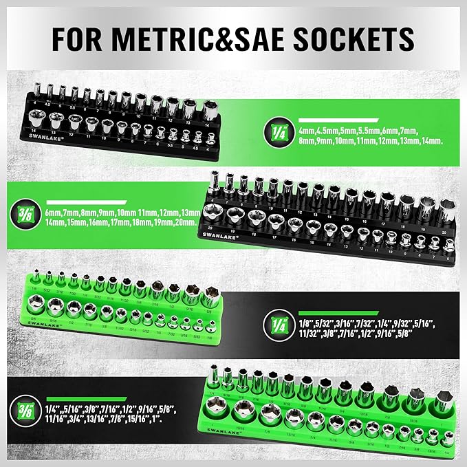 SWANLAKE 4-Piece Magnetic Socket Organizer Set, Metric & SAE Socket Holder Set Includes 1/4", 3/8" Drive Sockets Trays, Magnetic Sockets Organizer for Tool Box Drawer
