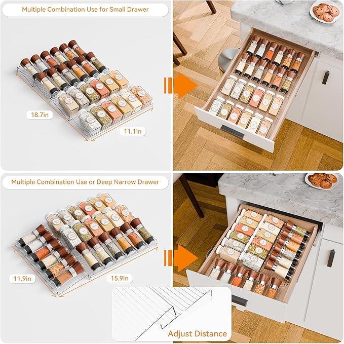 Yieach 8 Pack Adjustable In Drawer Spice Organizer - Expandable From 11" to 22" - Clear Acrylic Seasoning Organizer with Jars for Kitchen Drawer,Horizontal Tiered Kitchen Spice Organization & Tray