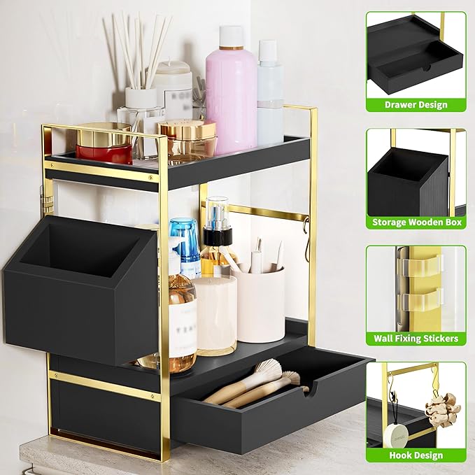 2-Tier Bathroom Counter Organizer with Drawer and Basket, Black-Gold