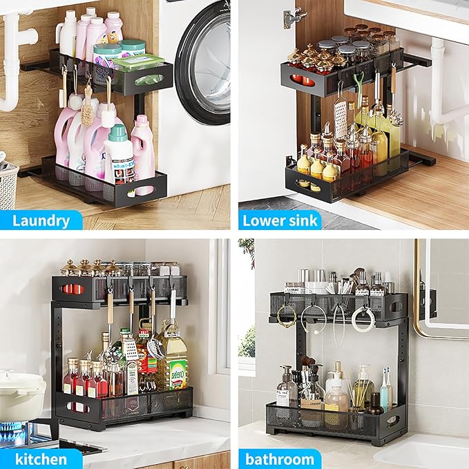 1 Pack Under Sink Pull Out Organizer, 2-Tier Adjustable Height Carbon Steel Storage Rack for Kitchen and Bathroom Cabinet, Black