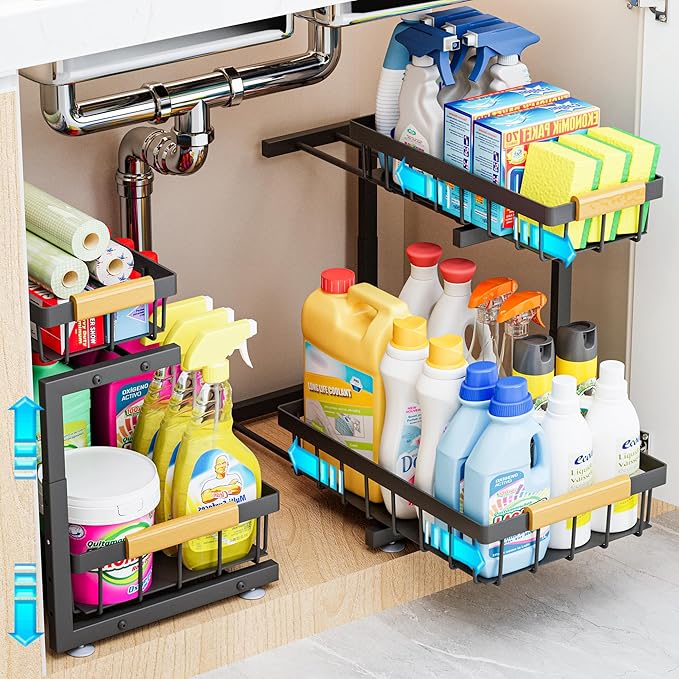 ADBIU Under Sink Organizer, 2 Pack 2 Tier Expandable Height (13.2" - 17.2") Pull Out Kitchen Bathroom Cabinet Organizers and Storage Shelf