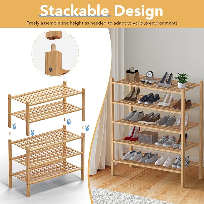 Haddockway 4 Tier Bamboo Shoe Rack Storage Organizer, Multifunctional Free Standing Stackable Shoe Shelf with Grid Panel for Closet,Hallway,Entryway,Small Space 27"x11"x26"