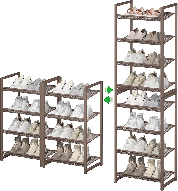 Tall Narrow Shoe Rack, 8 Tier Stackable Shoe Stand for 16-20 Pairs, Heavy Duty Shoe Organizer for Small Space Closet Bedroom, Bronze