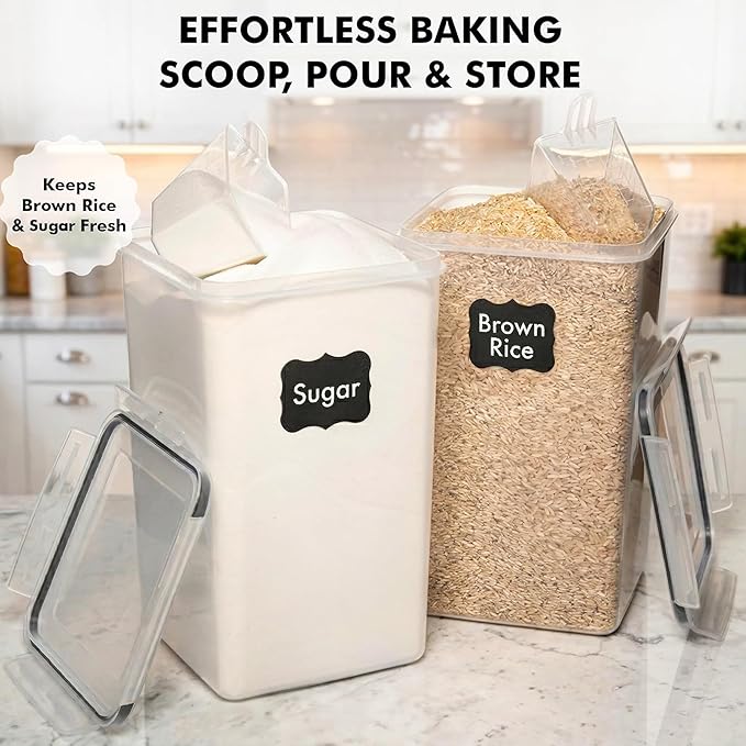 WHITE FEATHER SUPPLIES 2 PC [7 Qt / 6.5L / 220 Oz] Large Food Storage Containers with Lids Airtight - BPA Free Clear Plastic Kitchen and Pantry Storage Containers for Cereal, Flour, Sugar, Rice