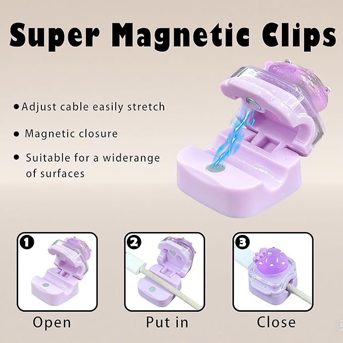 9Pack Magnetic Cable Clips for Nightstand, Adhesive Night-Glowing Cord Holder Organizer for Office Home Desk Wall Car (Purple,Strawberry)
