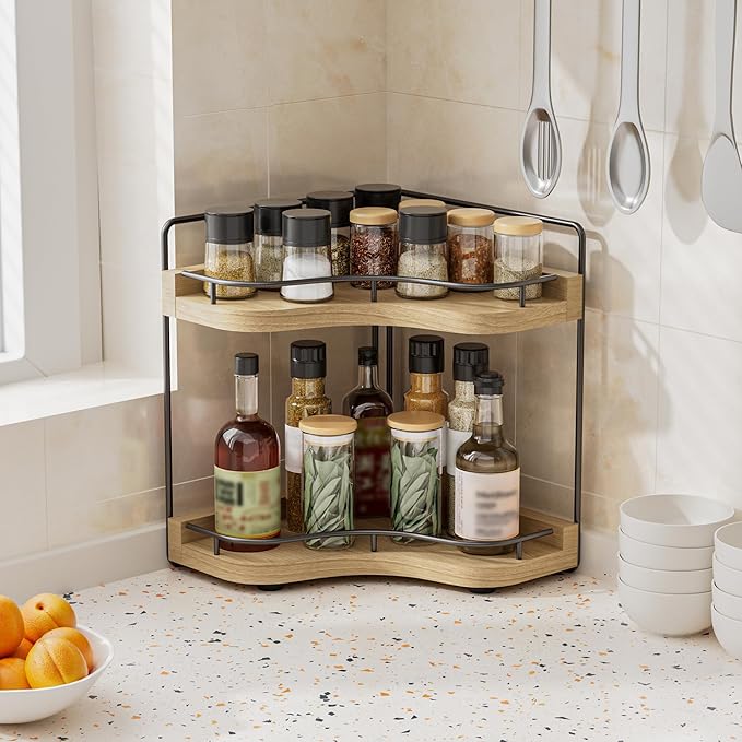 2-Tier Corner Bathroom Counter Organizers, Stable Wood Vanity Shelf for Perfume, Skincare & Makeup, Larger Size Countertop Organizer and Storage for Bathroom, Kitchen and Dresser(Light Brown)