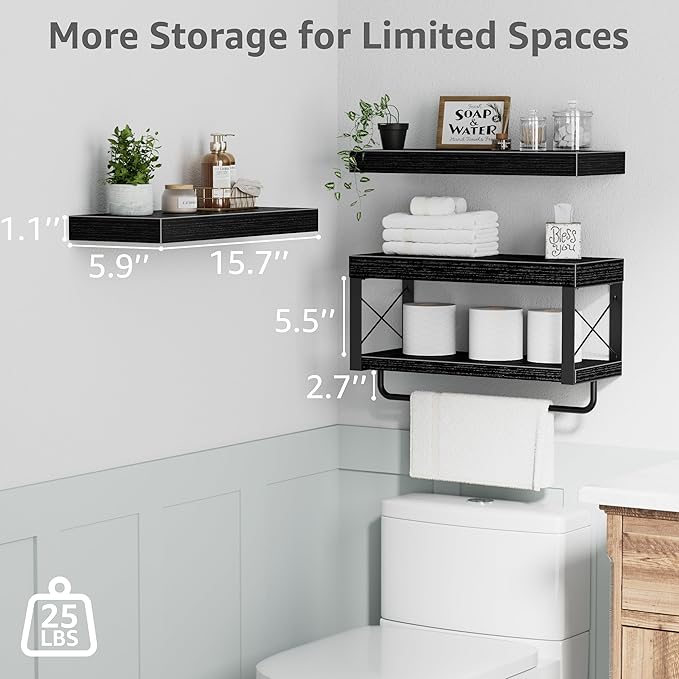QEEIG Bathroom Shelves Over Toilet - Floating Shelf for Wall Toilet Paper Storage Farmhouse 16 inch Set of 3, Black (029-40B3)