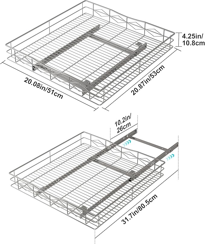 Pull Out Cabinet Organizer, 50LB Load Capacity Bottom-mount Sliding Drawer for Pots and Pans, 20" W x 21" D Under Sink Storage Shelf for Cabinet Opening 21" W x 22" D or Larger, Chrome Finish