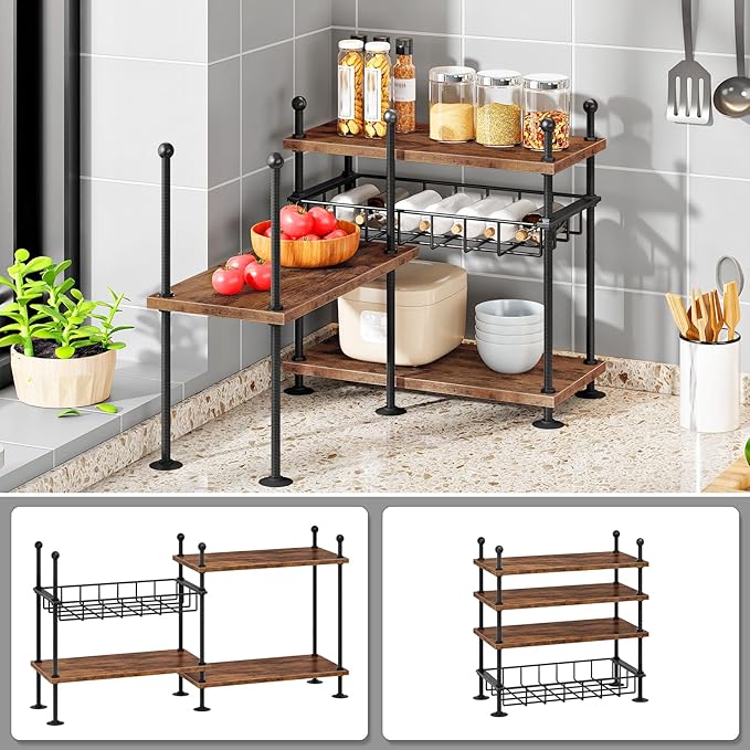 HOOBRO Kitchen countertop Organizer, 4-Tier Adjustable Kitchen Storage Shelf with Rods & Leveling Feet, 3 Configurations, for Cabinet, Countertop, Bathroom, Office, Rustic Brown and Black BF21TL01
