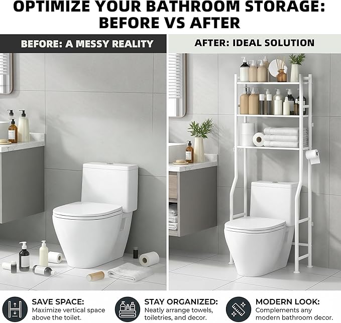 GloTika 3-Tier Over Toilet Storage with Anti-Tilt Safety System - 150lb Total Capacity Metal Bathroom Shelves Including Paper Holder & 4 Hooks, Space Saving Above Commode Organizer (64" H, White)