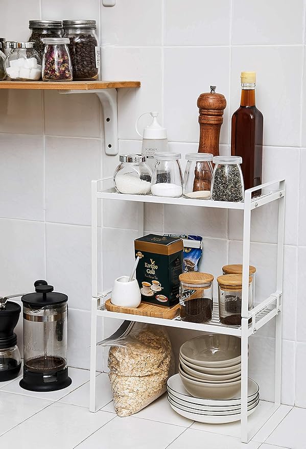Shantton 2pk Kitchen Cabinet Shelf Counter Organizer Rack Pantry Storage Bathroom Bedroom Office Table Desk Space Saving Steel Frame Stackable Rust Resistant Non Slip White-Tall- L13in W8.3in H9.5in
