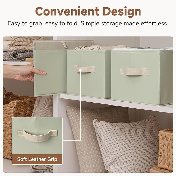 StorageWorks Storage Baskets for Shelves, Closet Organizers and Storage Basket, Fabric Clothes Organizer with Leather Handles, Light Green, 3-Pack, Large
