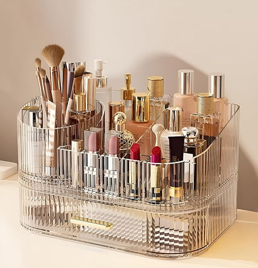 Makeup Organizer with Drawers and 360° Rotating Brush Holder, Clear, 2-layer