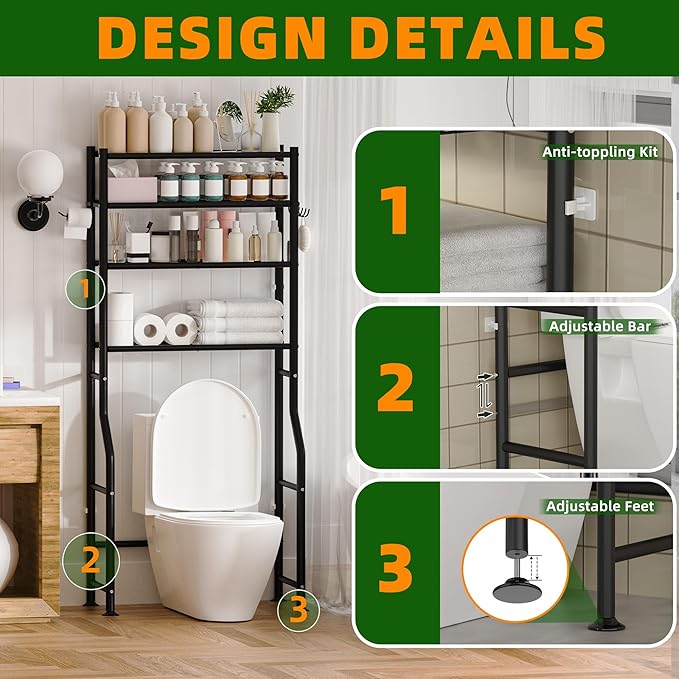 GloTika 4-Tier Over Toilet Storage with Anti-Tilt Safety System - 150lb Total Capacity Metal Bathroom Shelves Including Paper Holder & 4 Hooks, Space Saving Above Commode Organizer (64" H, Black)