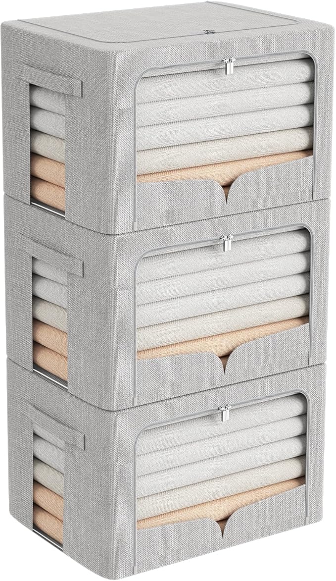 FHSQX 3 Pack Clothes Storage Bins - Foldable Metal Frame Storage Box - Stackable Linen Fabric Container Organizer Set with Carrying Handles and Clear Window (Light Gray, 16.5x12.2x12.2inch(40L))