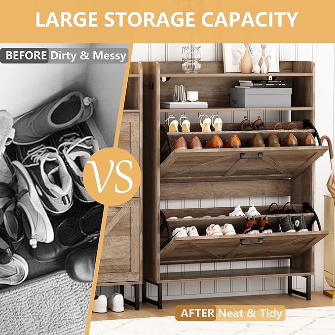 Shoe Cabinet with 2 Flip Drawers, Grey