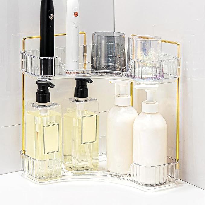 Corner Bathroom Counter Organizer Bathroom Countertop Shelf Makeup Organizer for Vanity Perfume Tray for Corner Storage (2 Tiers, White)