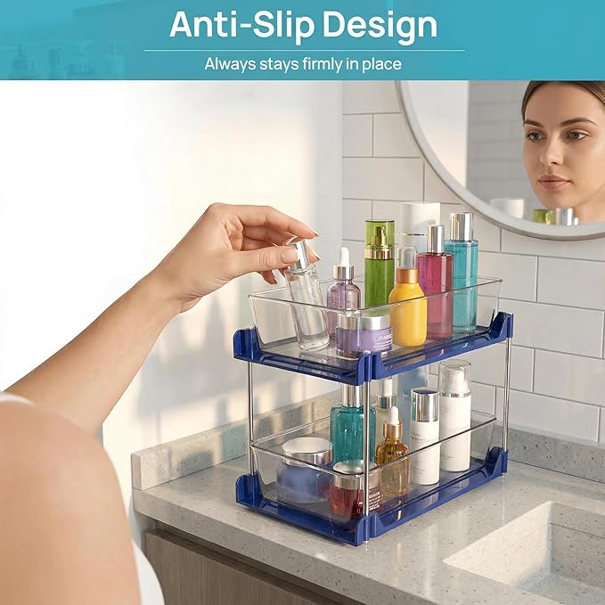 2 Pack Bathroom Organizer,2 Tier Blue Under Sink Organizers Vanity Countertop Storage Container,Cabinet Drawers Bins, Pull-Out Organization with Track for Pantry, Kitchen